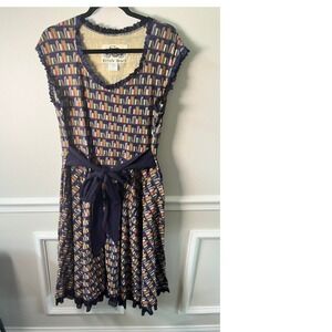 Effies Heart Library Bookshelf Print Dress Lace Trim Tie Waist Blue Womens 1X